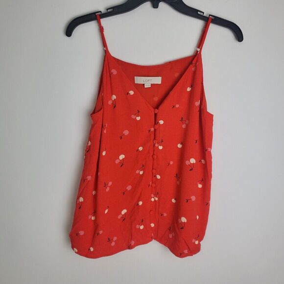 LOFT Red Cherry Print Button Down Tank Top, Size Extra Small - Picture 2 of 7